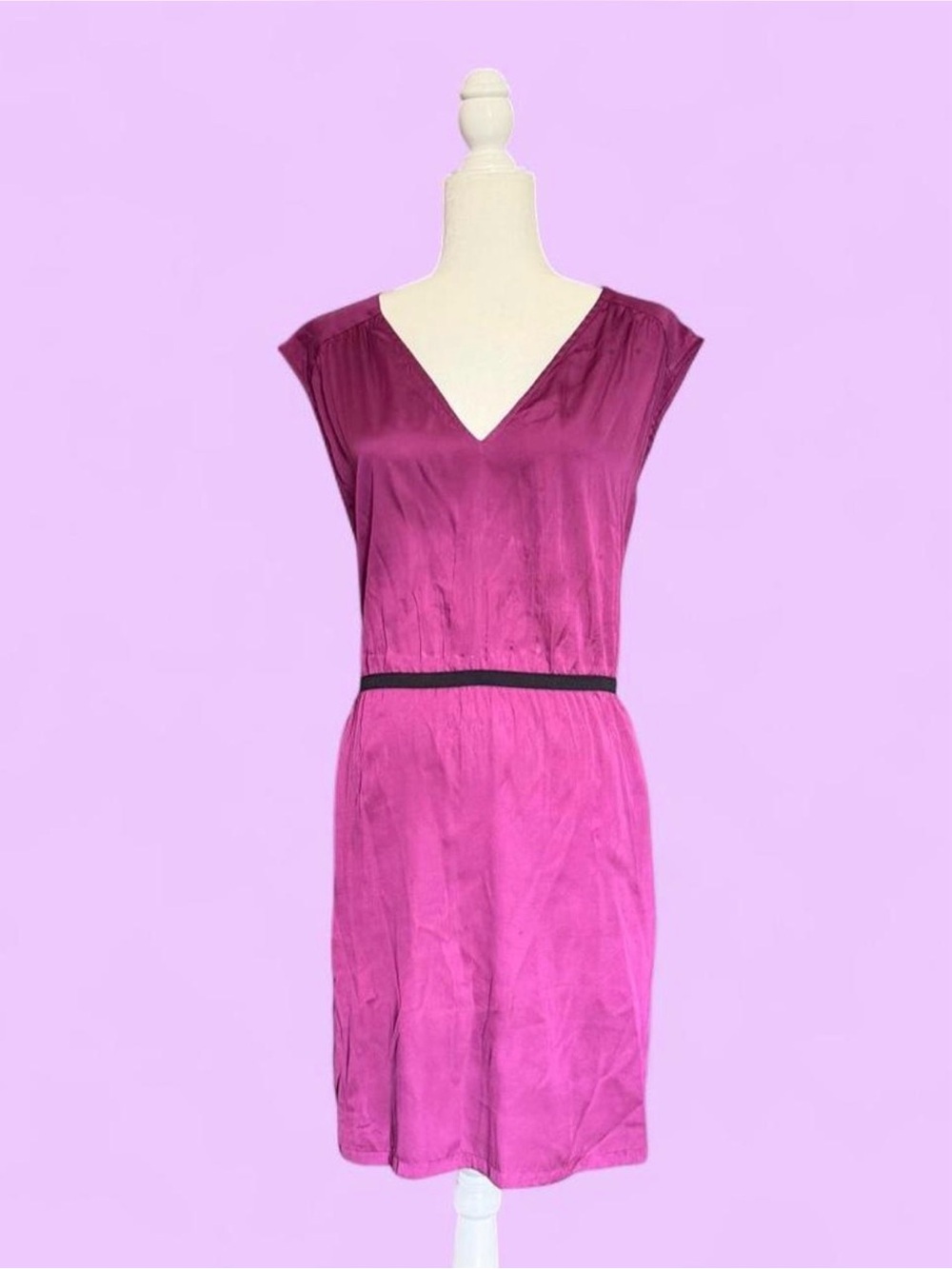 LOFT Retro Magenta Fuschia V-Neck Satin Midi Dress with Waist Band